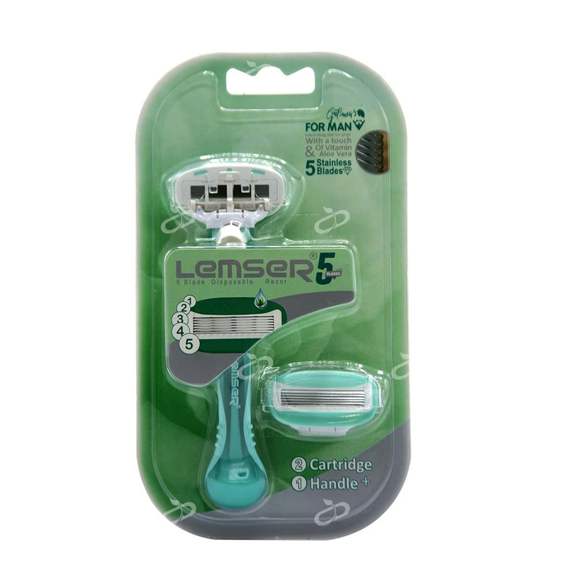خود تراش ‏لمسر سبز مدل cartridge مردانه 5 لبه به همراه تیغ یدک