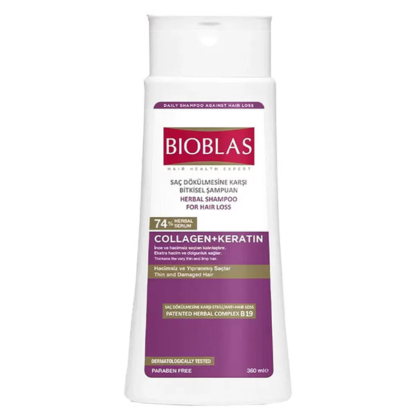 شامپو ضد ریزش بیوبلاس Bioblas حاوی کلاژن و کراتین Kolajen + Keratin حجم 360 میل